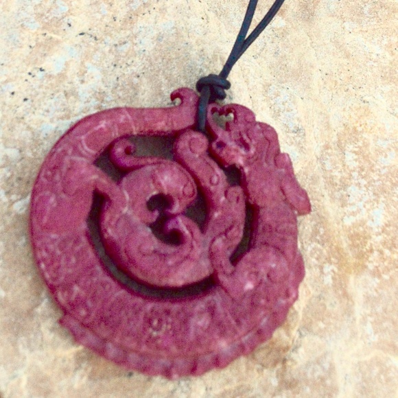 Conceptual Subculture Jewelry - Huge Red Jade Dragon Pendant Leather Necklace OOAK